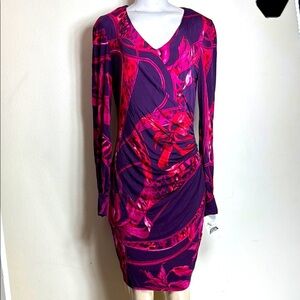 (N3) Donna Morgan pink and purple stretch dress with V-neckline, crossover, Sz 6